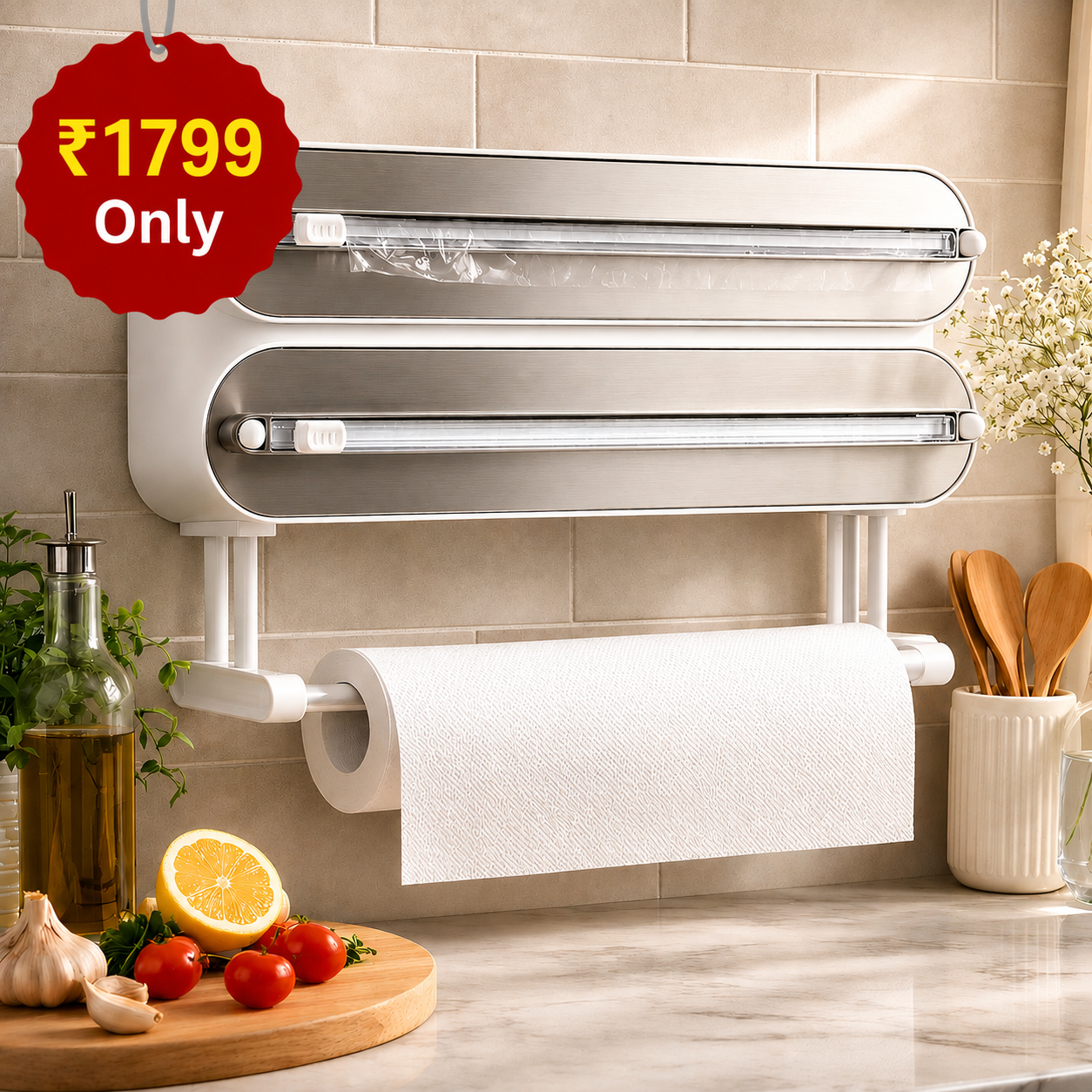 Multi-Functional 3-in-1 Kitchen Wrap Dispenser with Cutter